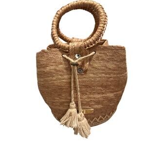 Linda Hermosa Yucatan Mexico Woven Straw Bucket Bag Basket Tote Tassels Handbag